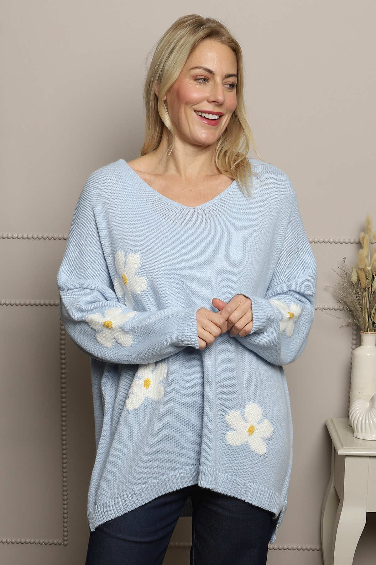 Valerie Botanical Knitted Jumper Light Blue