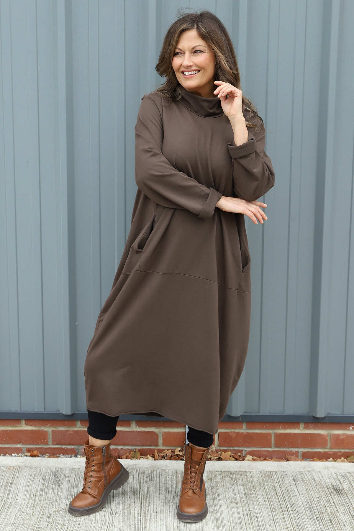 Lisanne Cowl Neck Cotton Dress Cocoa