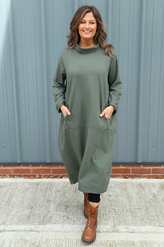 Lisanne Cowl Neck Cotton Dress Khaki
