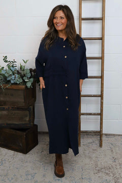 Sienna Button Linen Dress Navy
