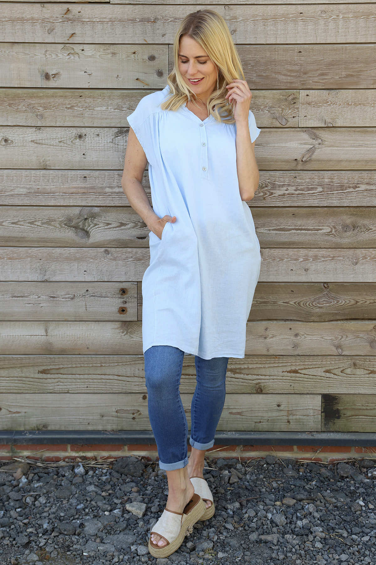 Hayle Button Linen Tunic Light Blue