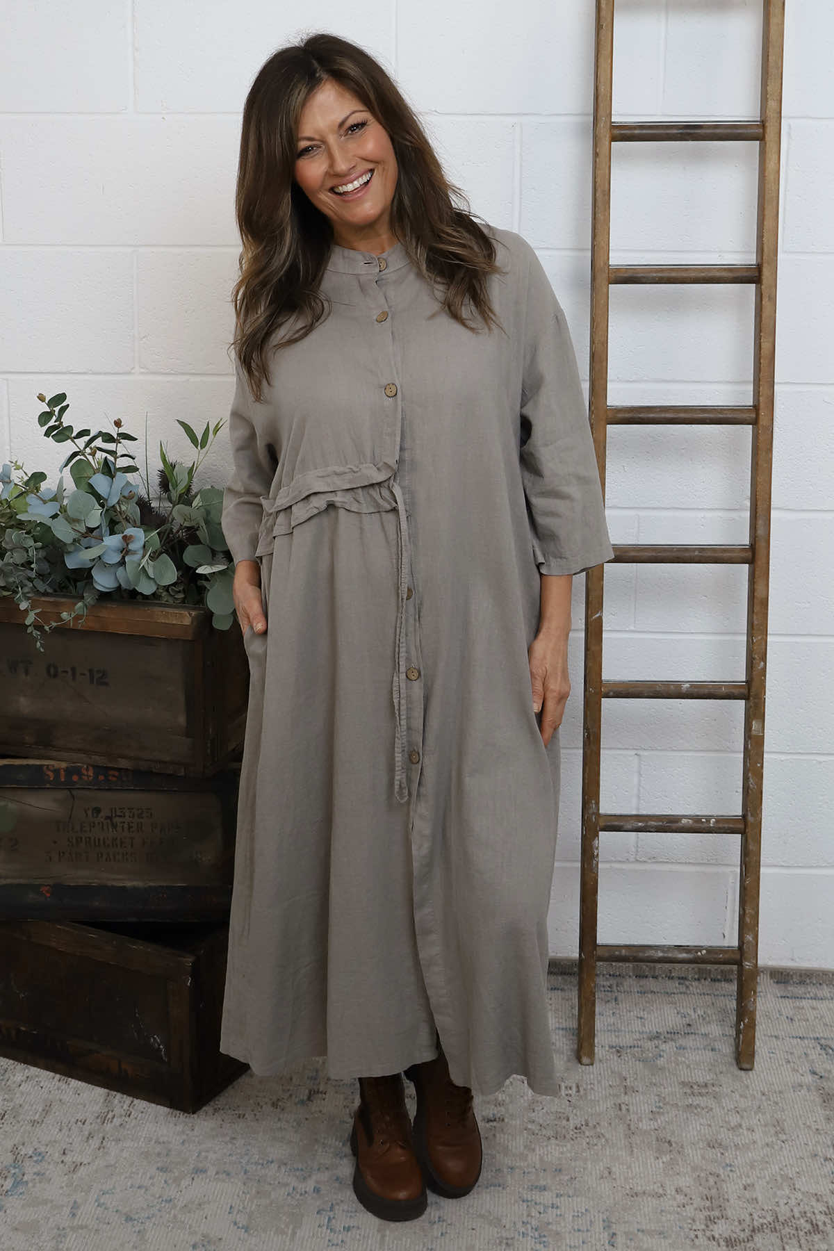 Sienna Button Linen Dress Mocha