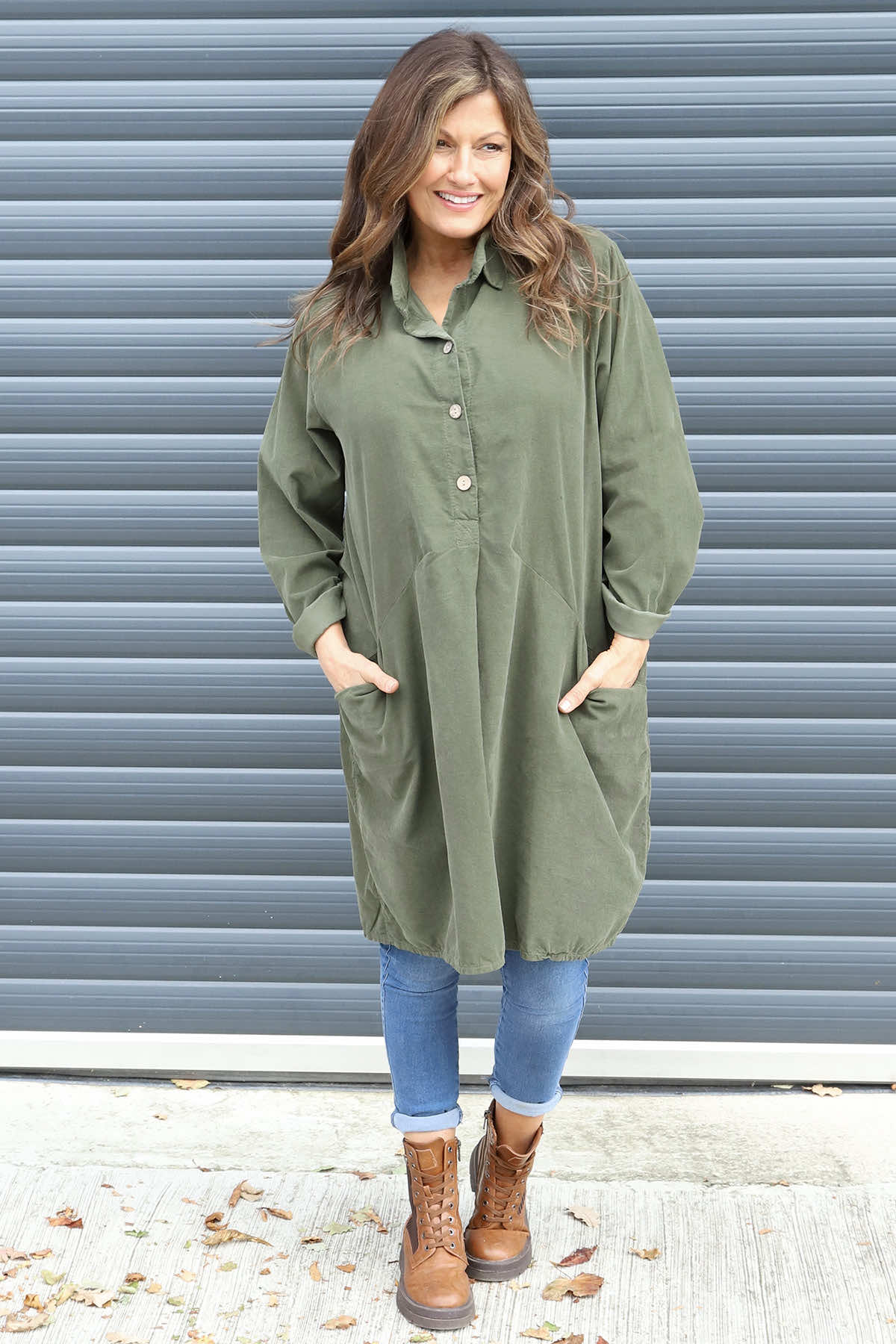 Lizzie Needlecord Button Tunic Khaki