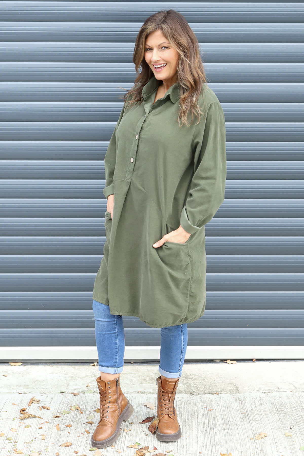 Lizzie Needlecord Button Tunic Khaki