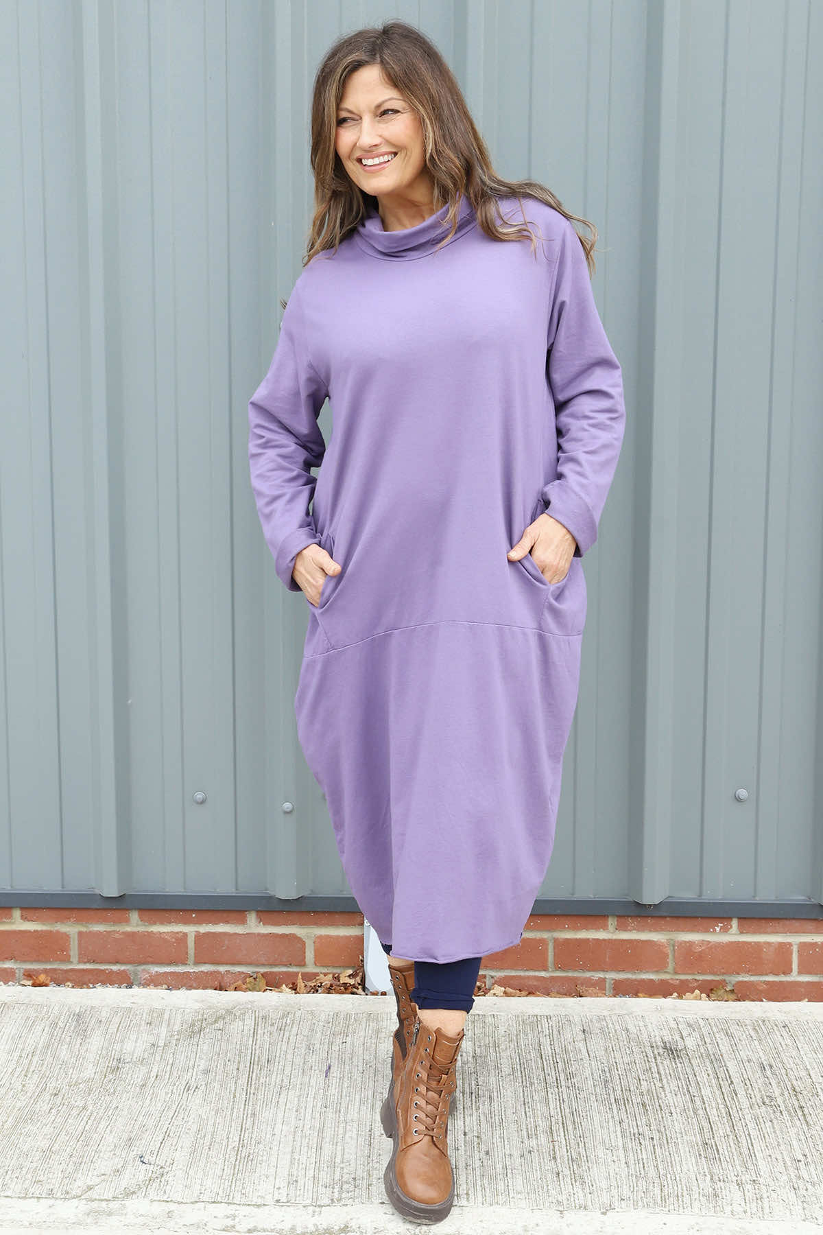Lisanne Cowl Neck Cotton Dress Purple