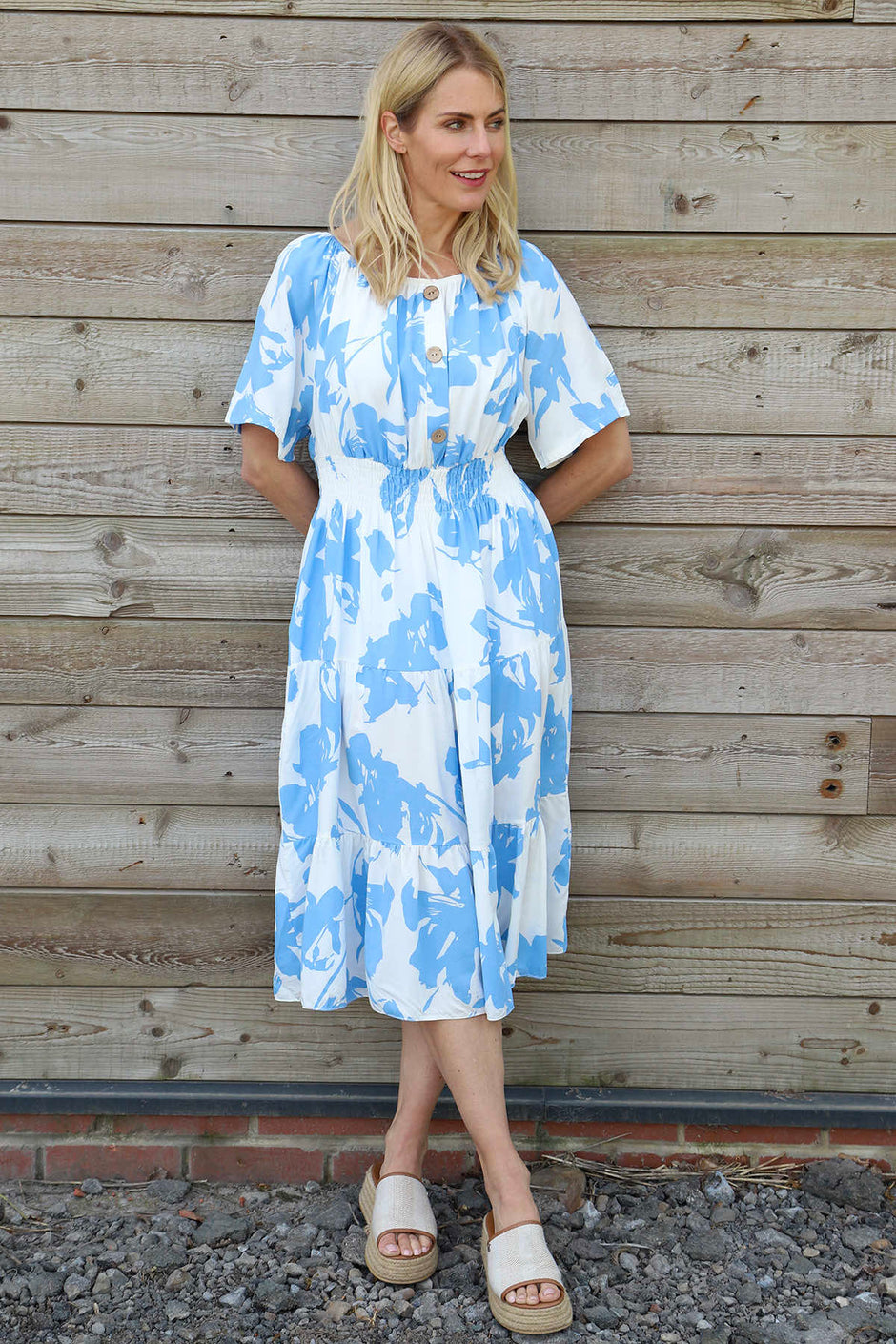 Sennen Print Button Dress Powder Blue