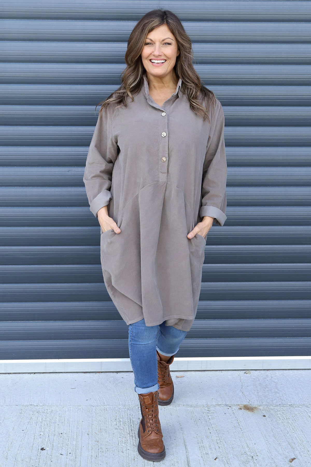 Lizzie Needlecord Button Tunic Mocha