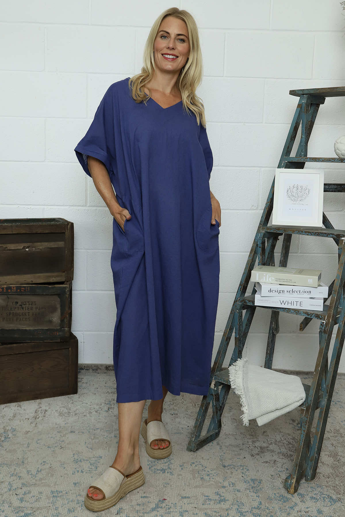 Marika V-Neck Linen Dress Indigo
