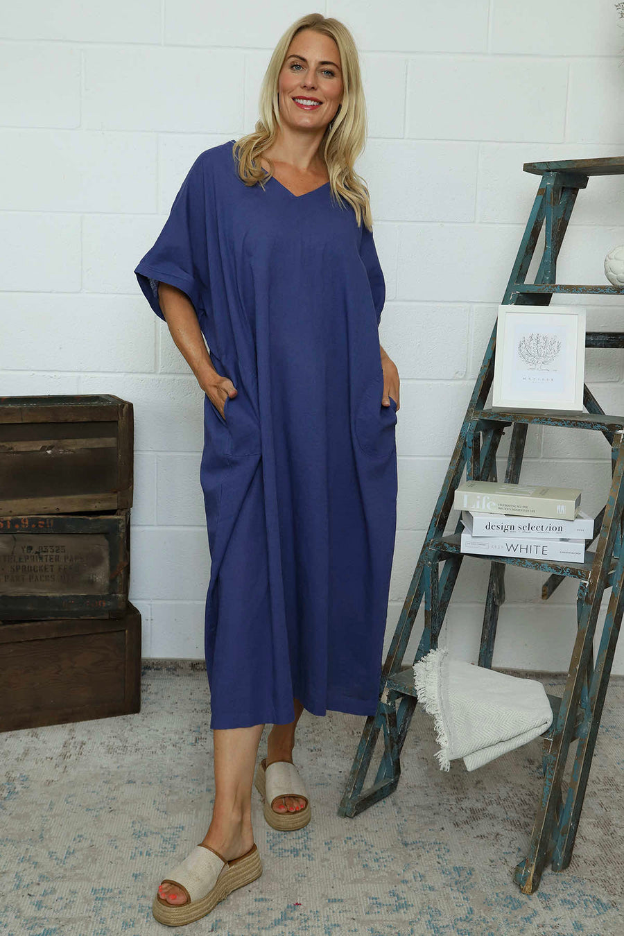 Marika V-Neck Linen Dress Indigo