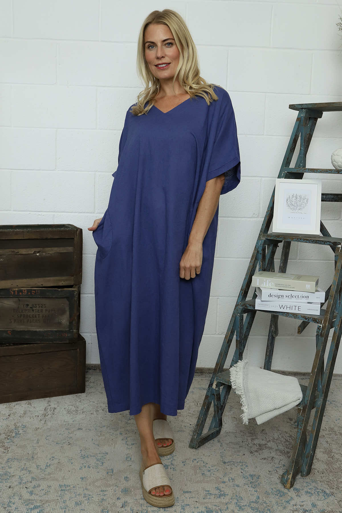 Marika V-Neck Linen Dress Indigo