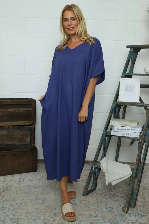 Marika V-Neck Linen Dress Indigo - Image 2
