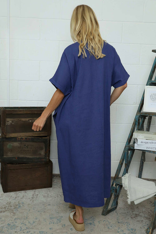 Marika V-Neck Linen Dress Indigo - Image 4