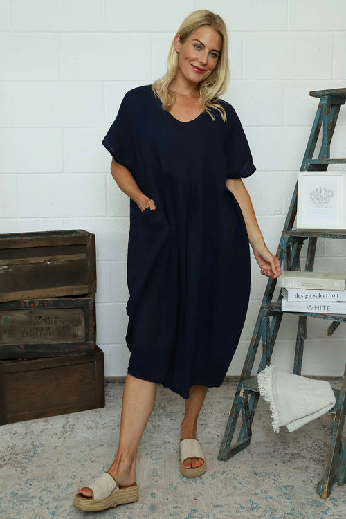 Fenella Linen Dress Navy - Image 2