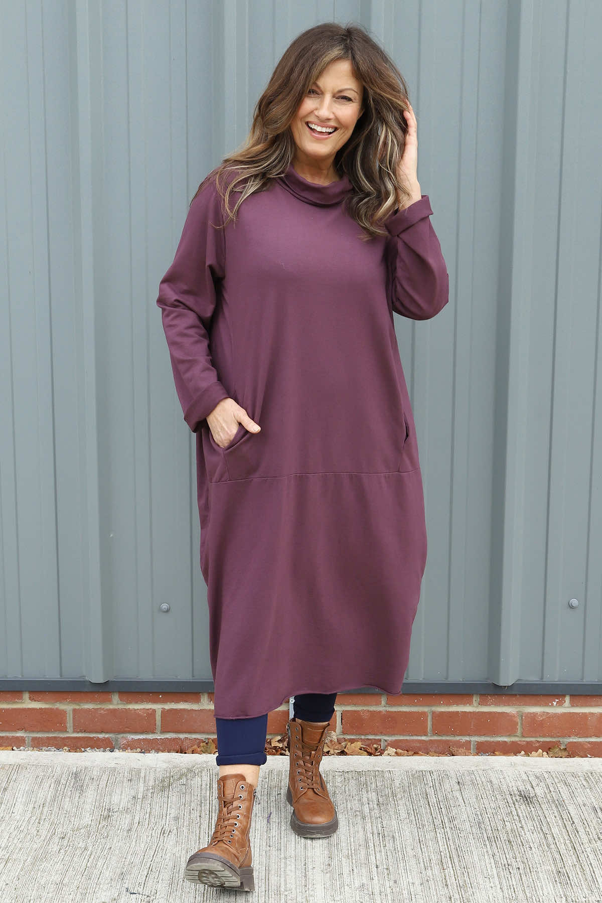 Lisanne Cowl Neck Cotton Dress Burgundy