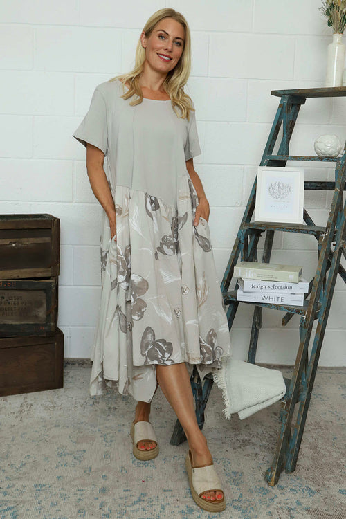 Tullia Botanical Print Cotton Dress Stone - Image 1