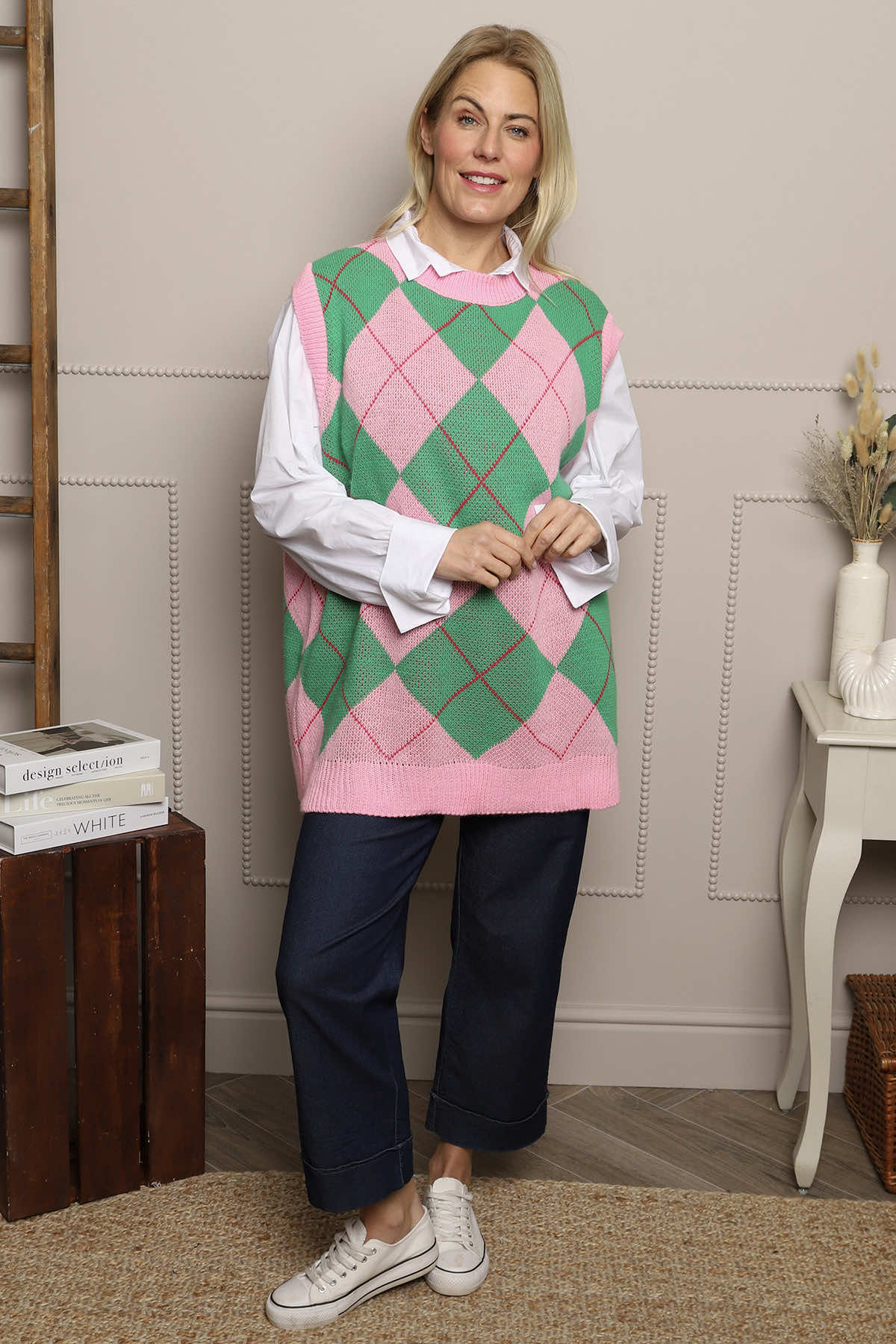 Theresa Argyle Knitted Vest Pink