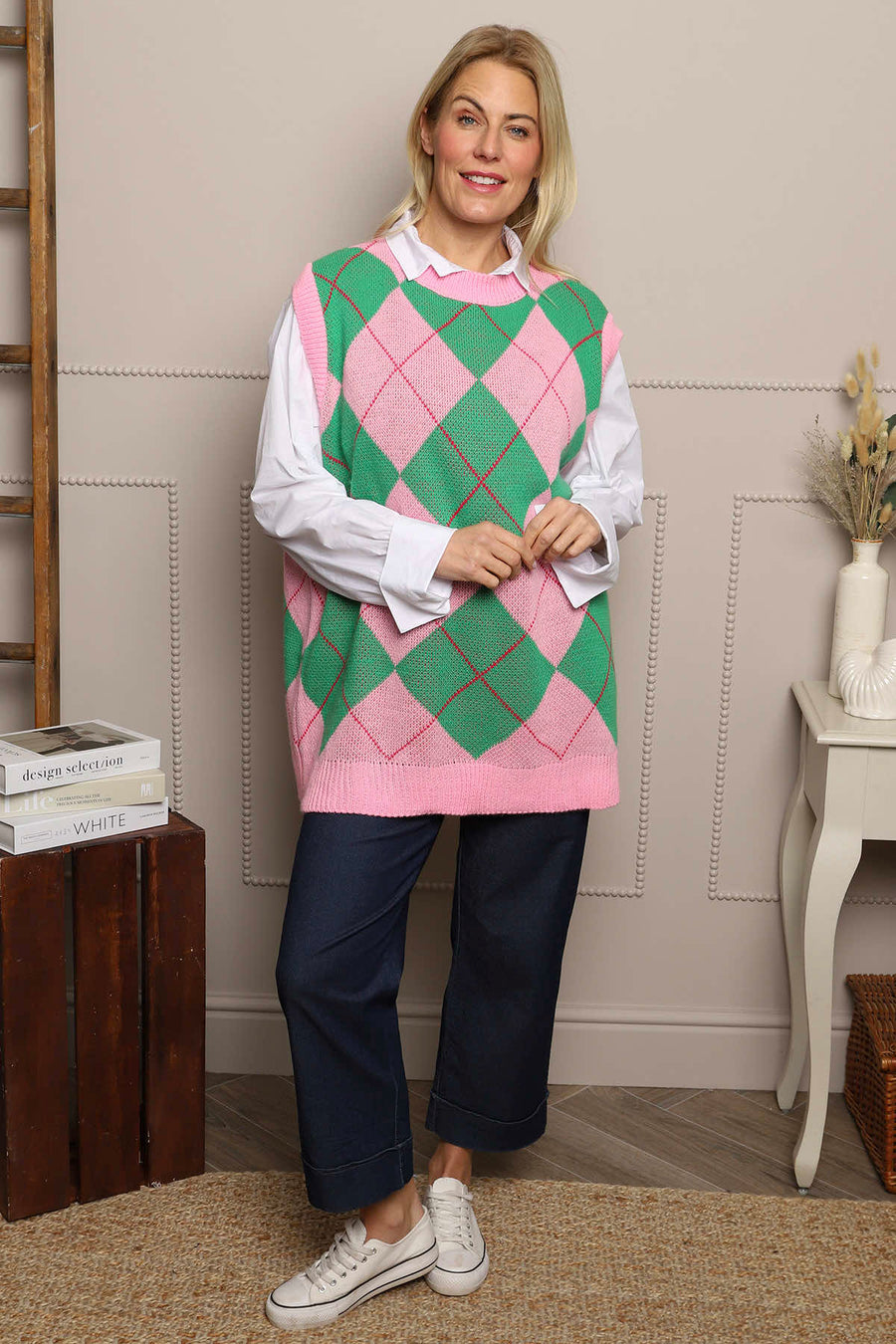 Theresa Argyle Knitted Vest Pink