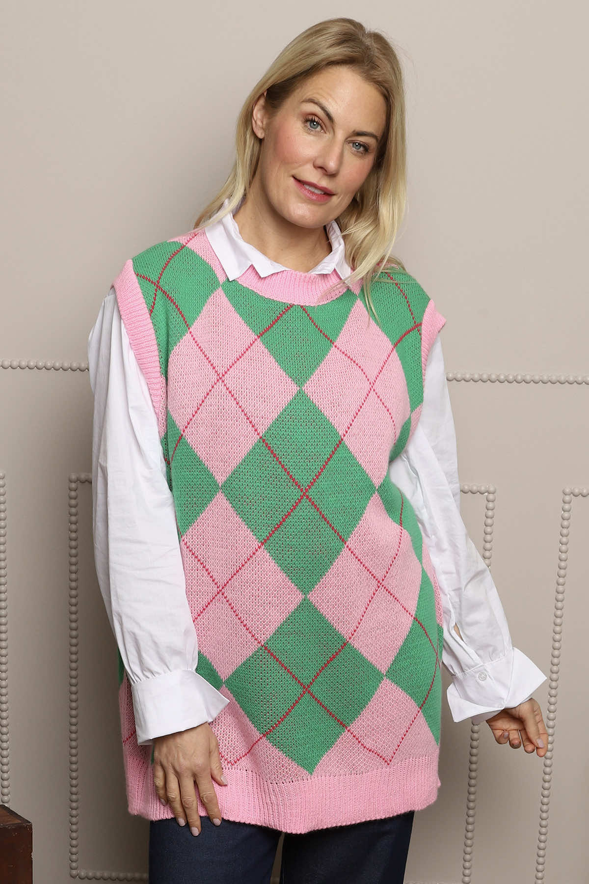 Theresa Argyle Knitted Vest Pink