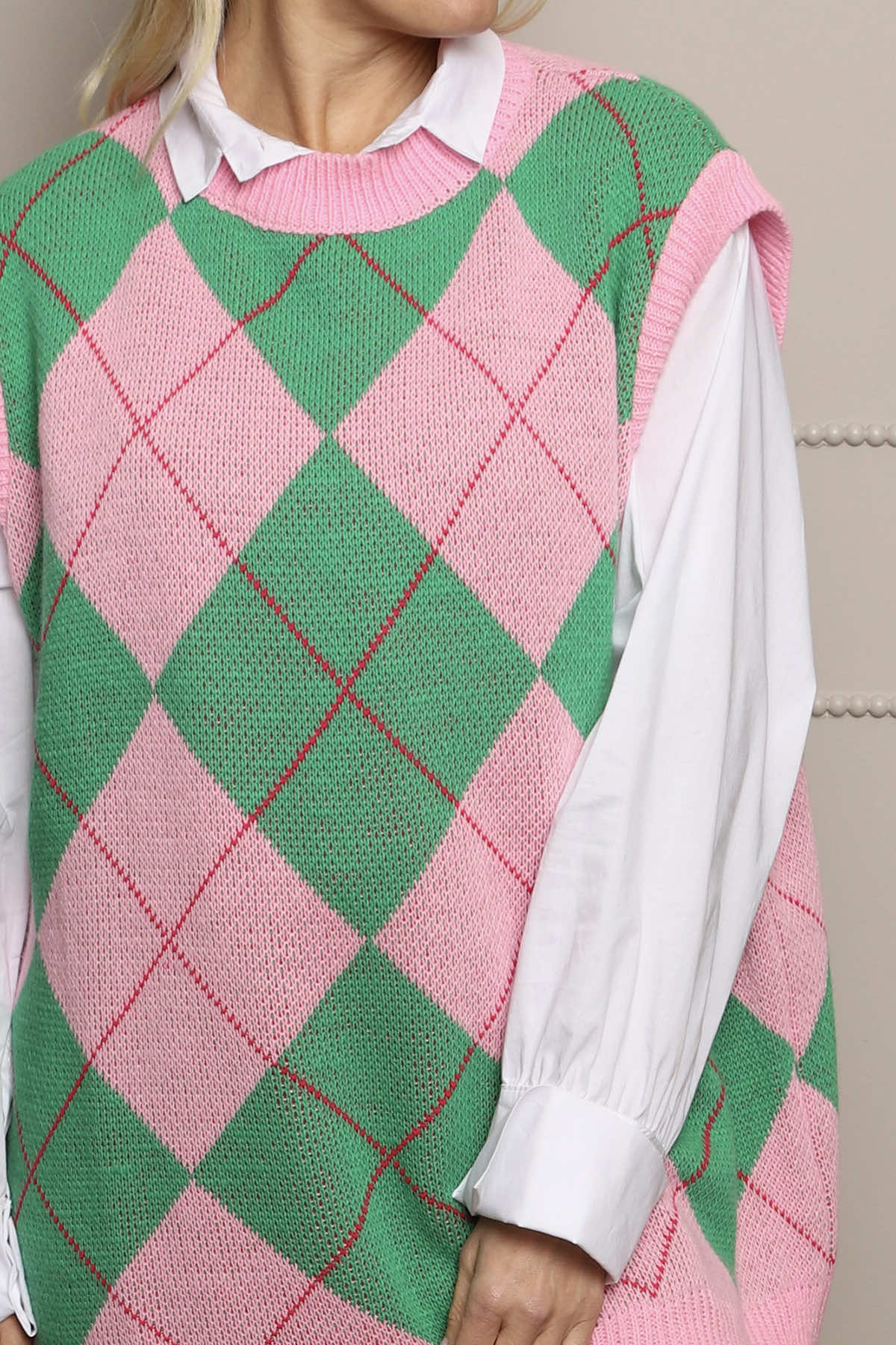 Pink Theresa Argyle Knitted Vest | Made In Italy | Kit and Kaboodal