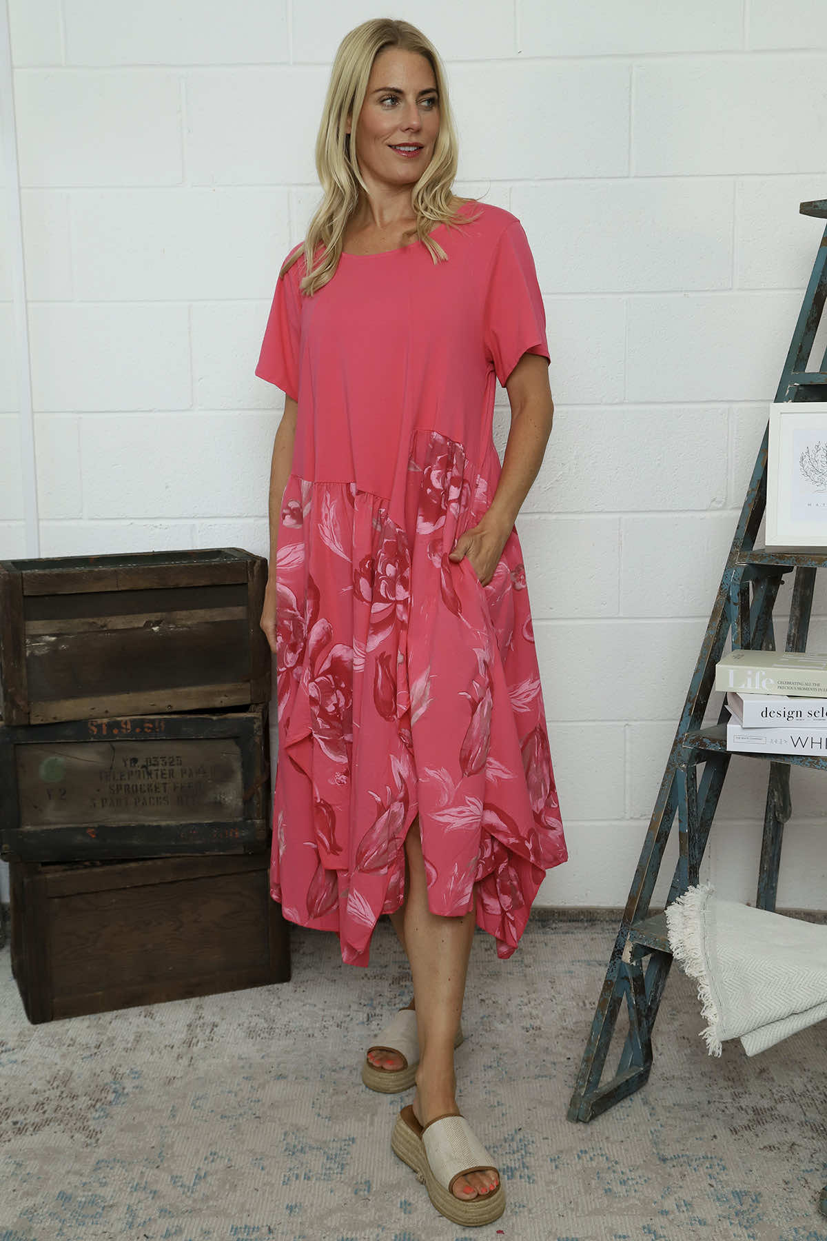 Tullia Botanical Print Cotton Dress Fuchsia