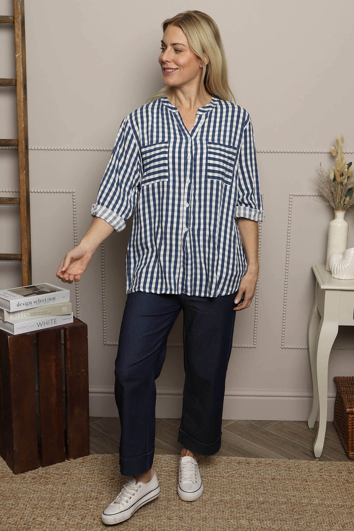 Jaynie Gingham Tie Front Shirt Navy