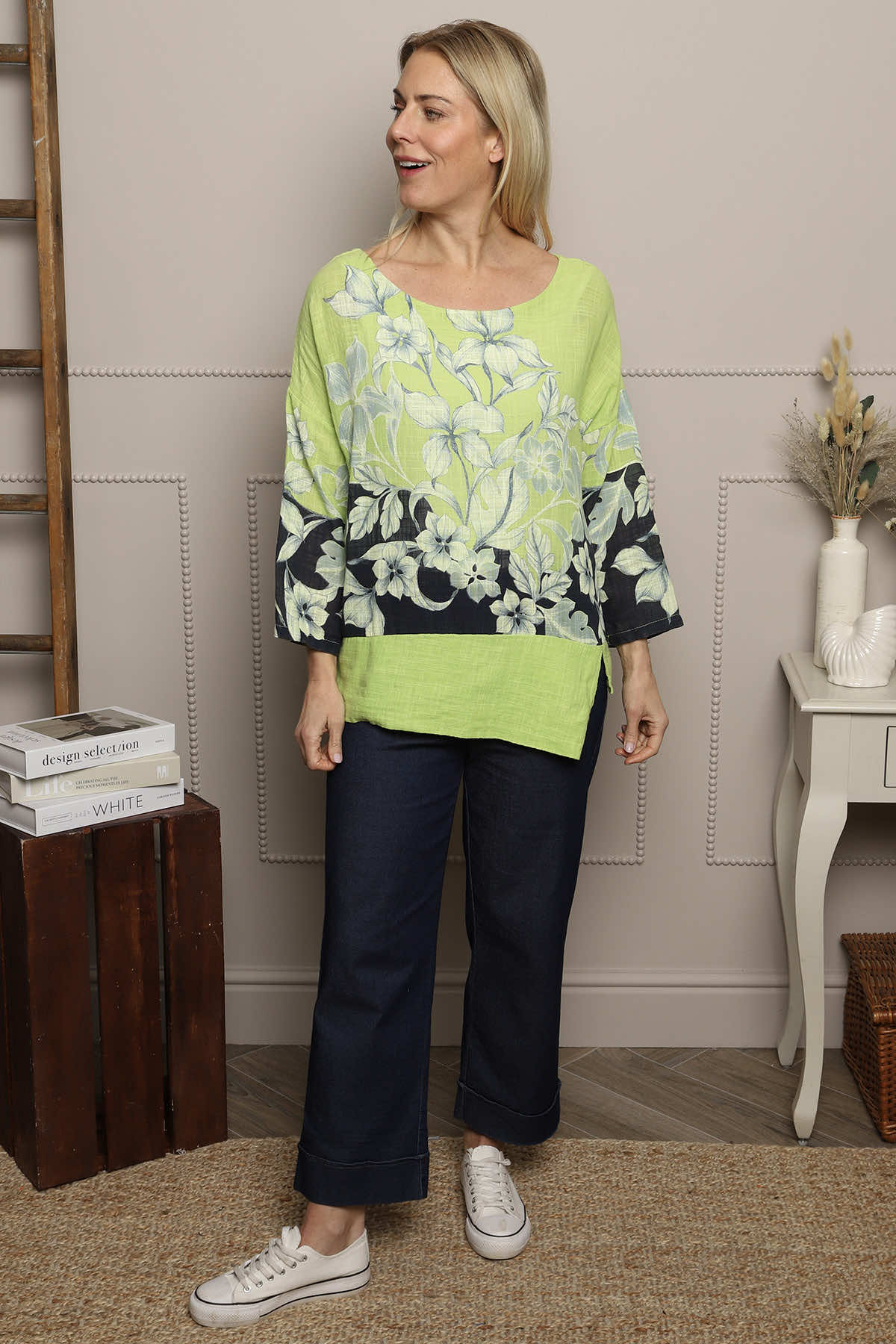 Paitlyn Print Cotton Top Lime