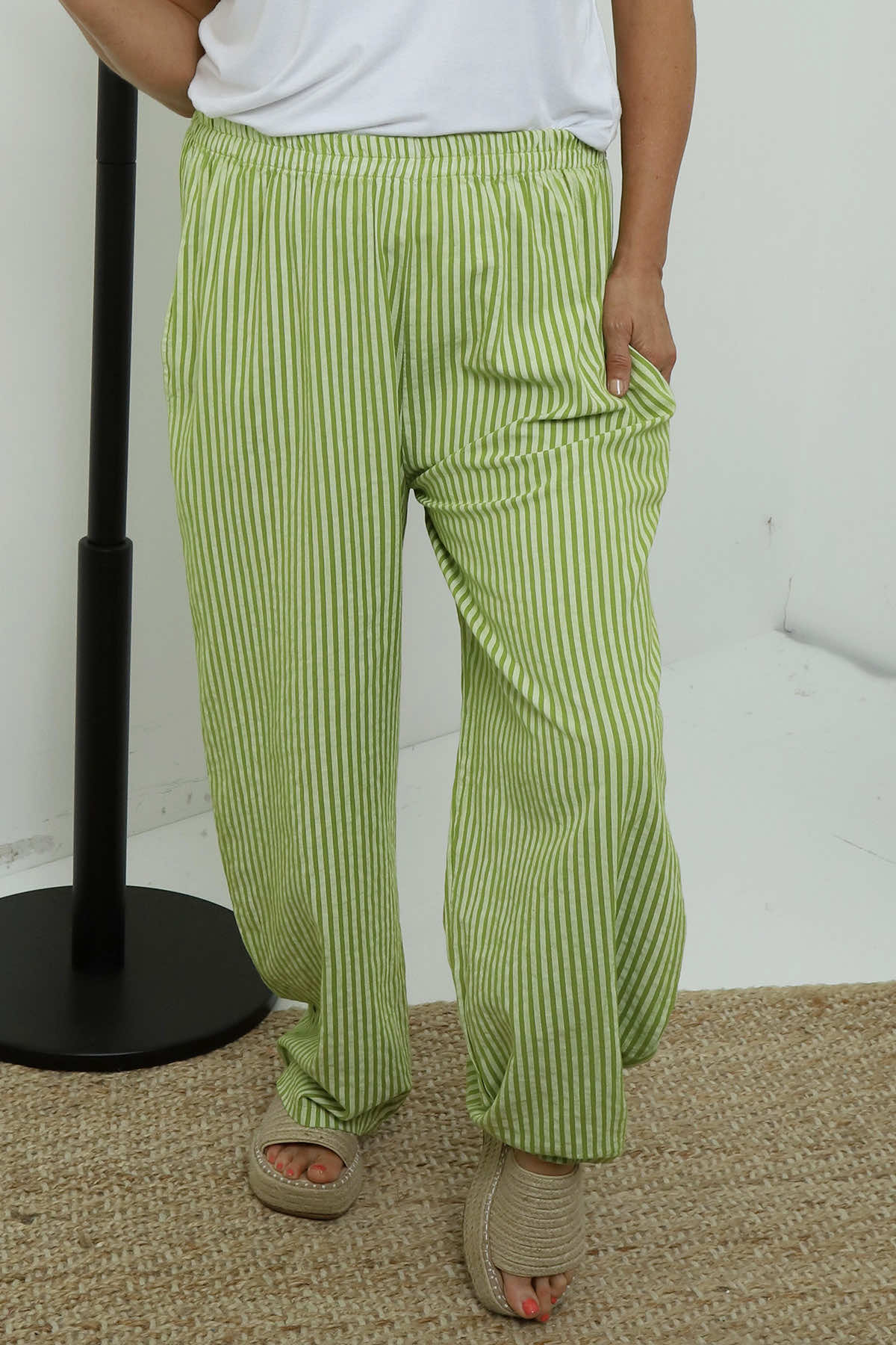Nina Stripe Linen Trousers Green