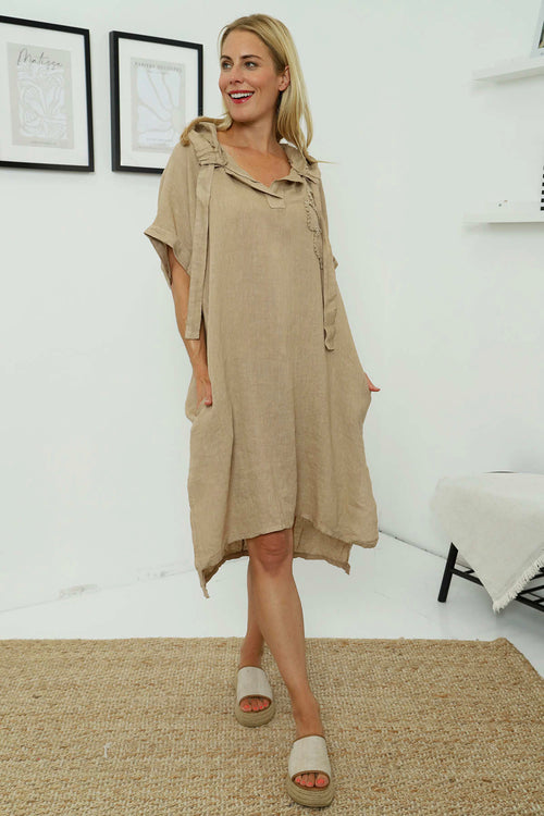 Carlina Hooded Flower Detail Linen Dress Camel - Image 1