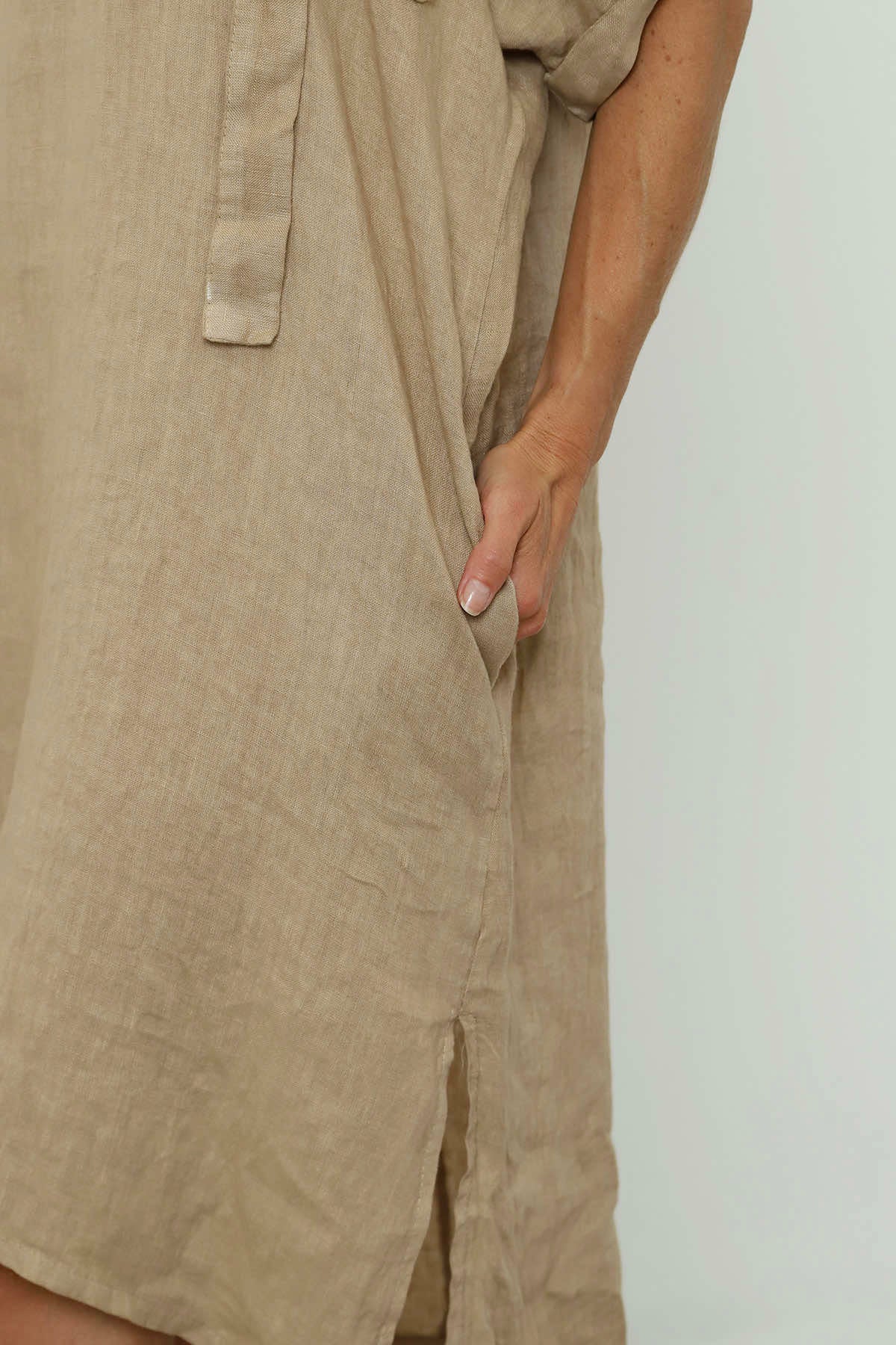 Carlina Hooded Flower Detail Linen Dress Camel