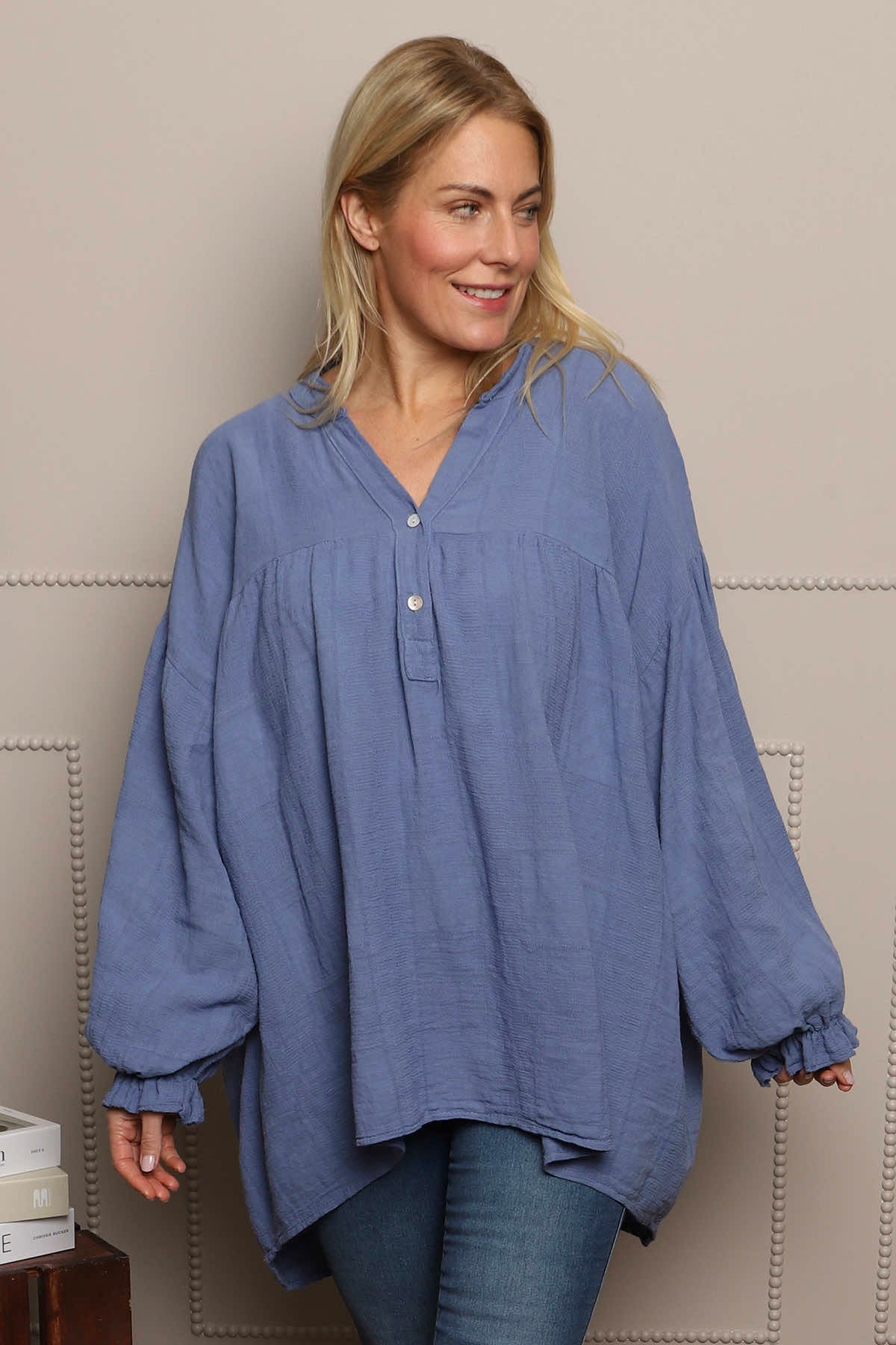 Ashlyn V-Neck Cotton Top Blue
