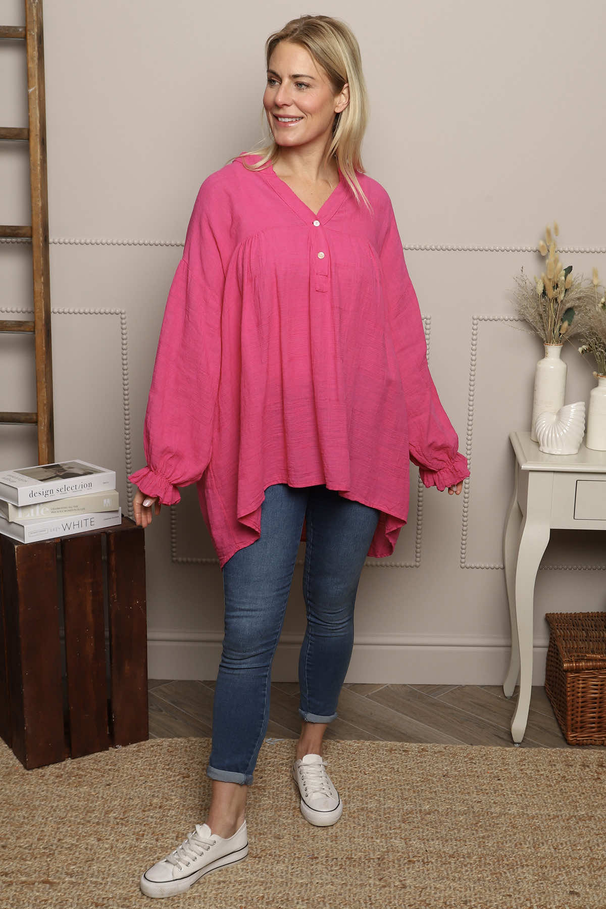 Ashlyn V-Neck Cotton Top Fuchsia