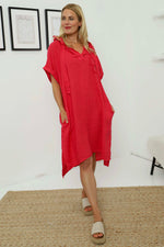 Carlina Hooded Flower Detail Linen Dress Fuchsia Fuchsia - Carlina Hooded Flower Detail Linen Dress Fuchsia