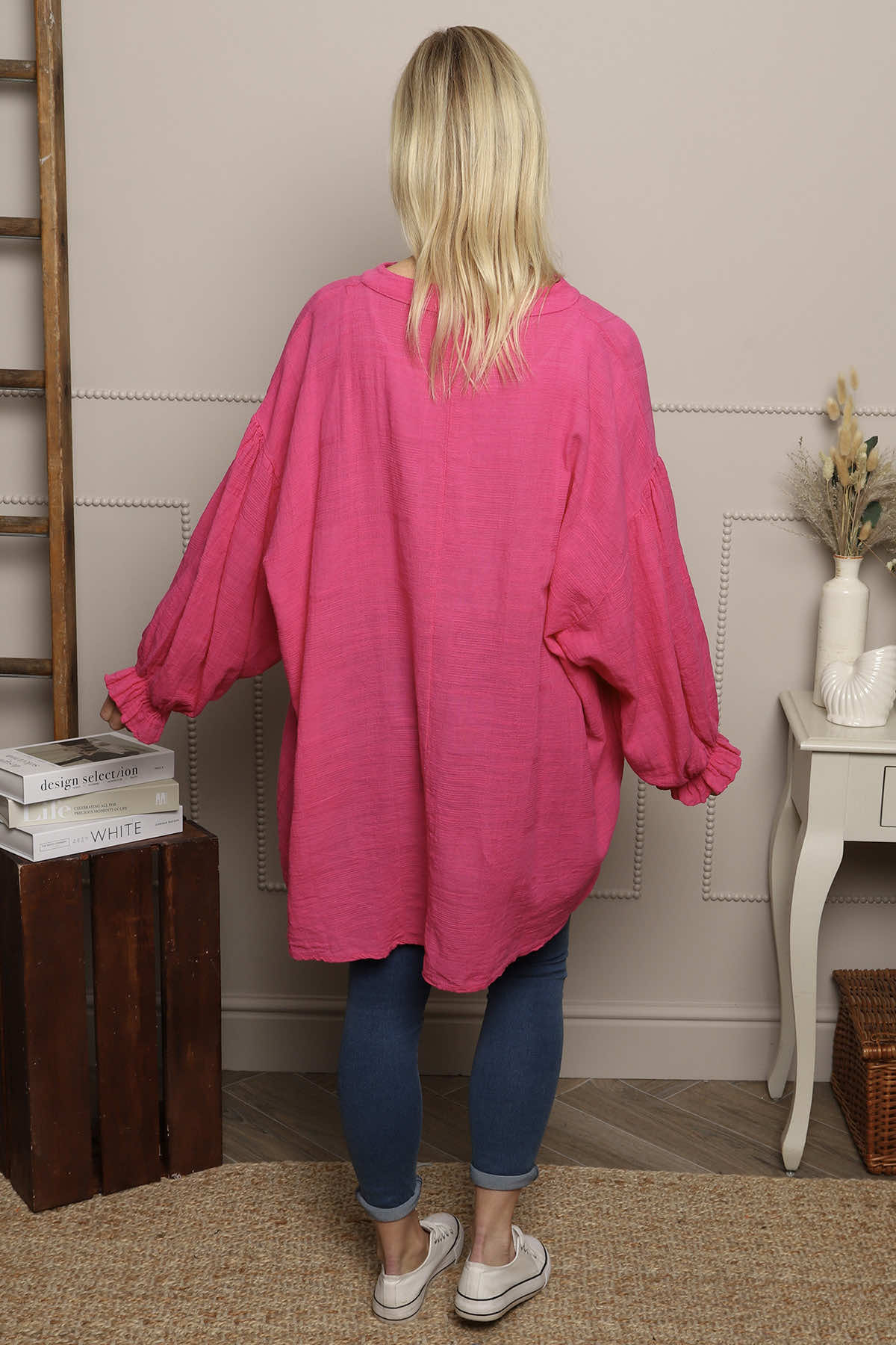 Ashlyn V-Neck Cotton Top Fuchsia
