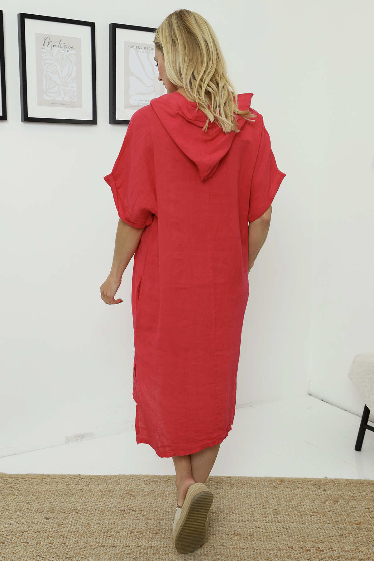 Carlina Hooded Flower Detail Linen Dress Fuchsia