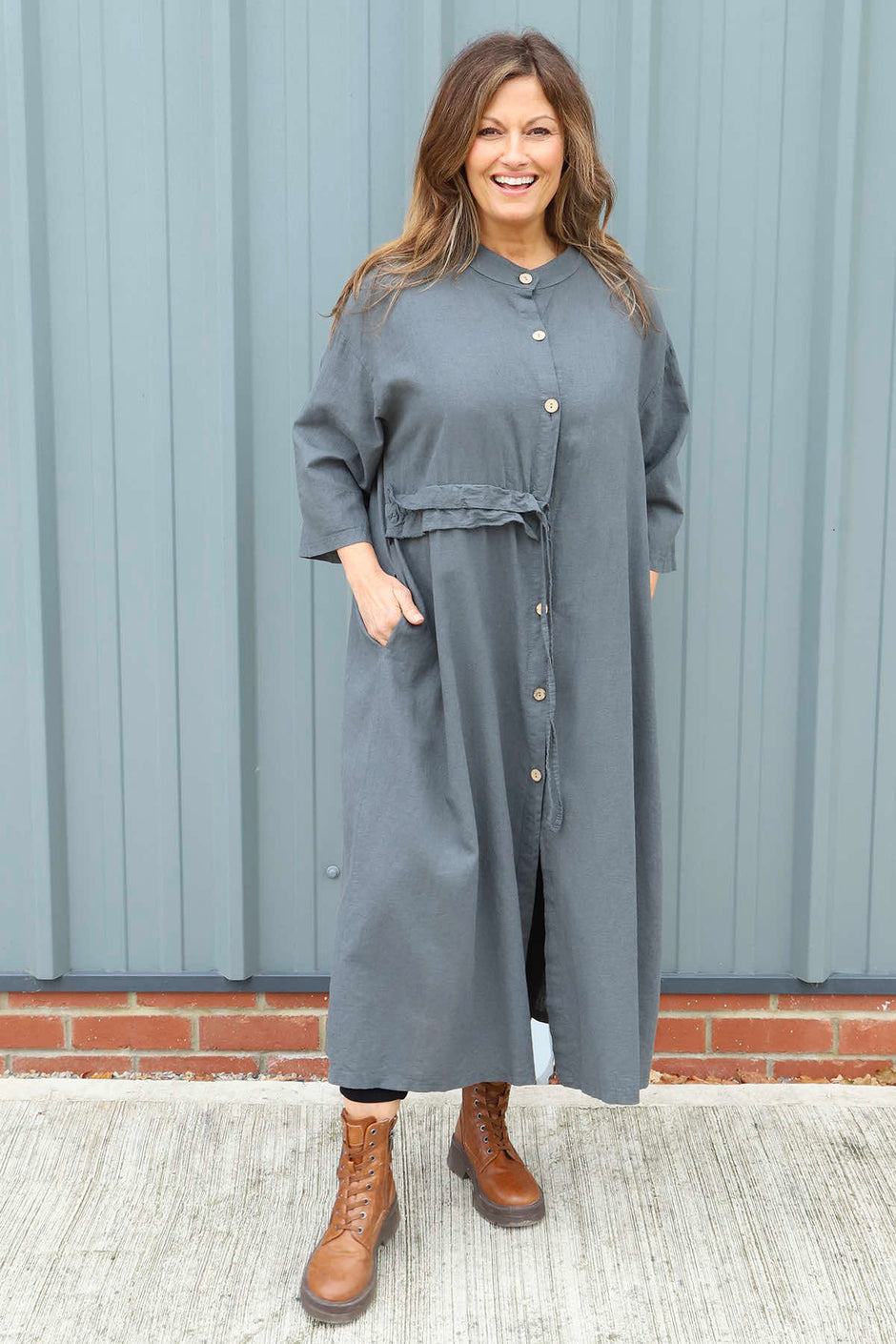 Sienna Button Linen Dress Charcoal
