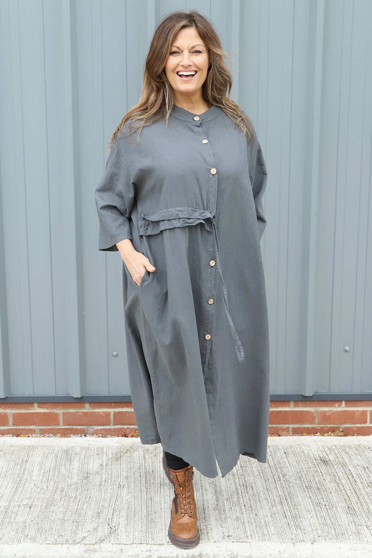 Sienna Button Linen Dress Charcoal