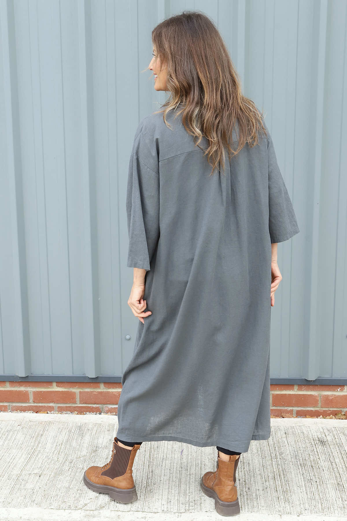 Sienna Button Linen Dress Charcoal