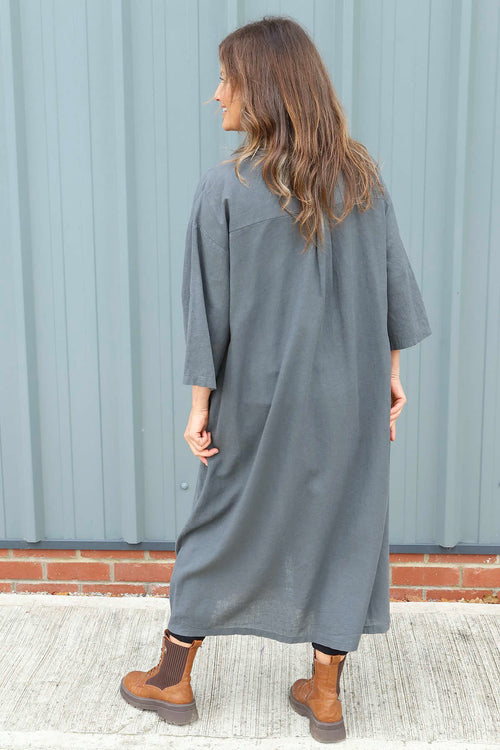Sienna Button Linen Dress Charcoal - Image 4
