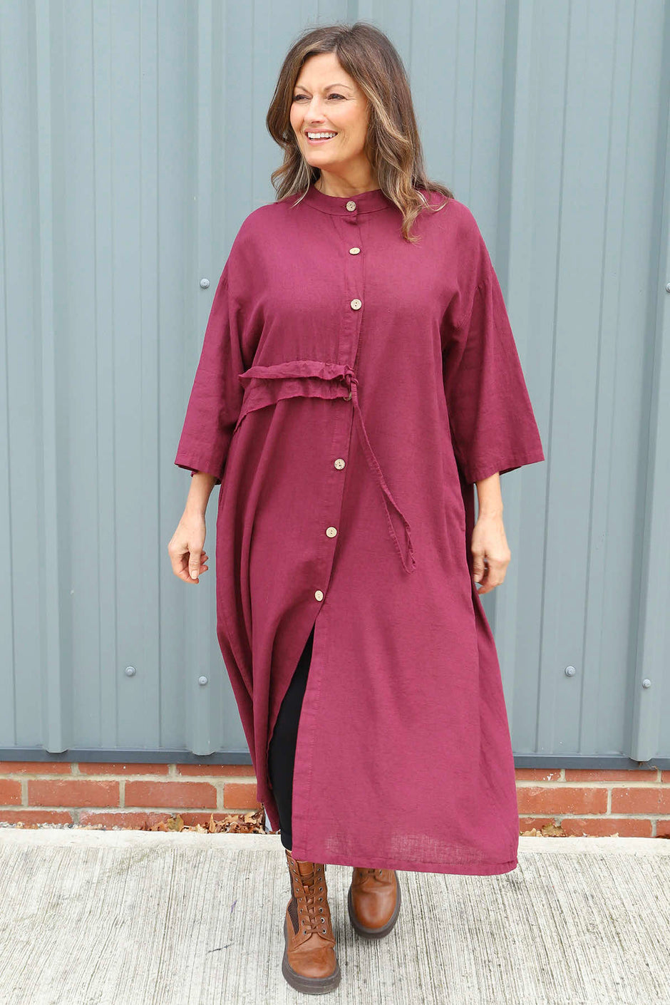 Sienna Button Linen Dress Burgundy