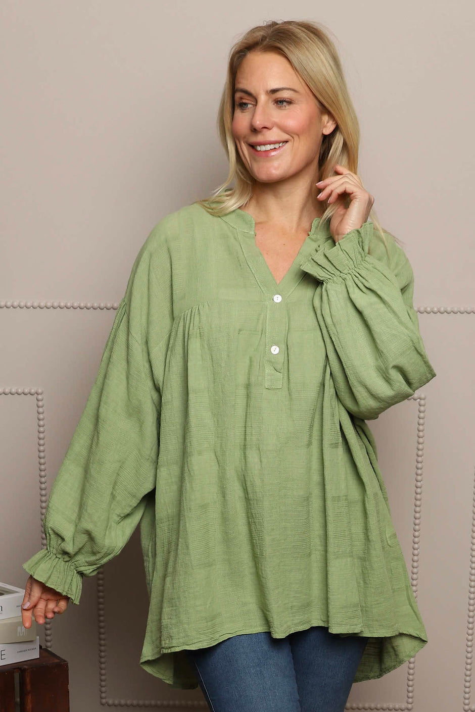 Ashlyn V-Neck Cotton Top Green