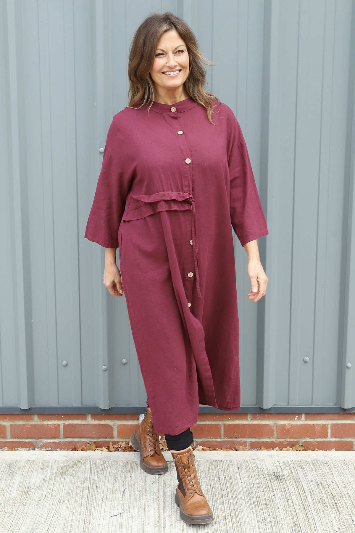 Sienna Button Linen Dress Burgundy