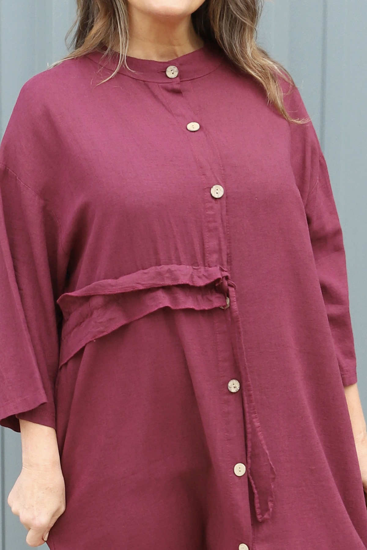 Sienna Button Linen Dress Burgundy