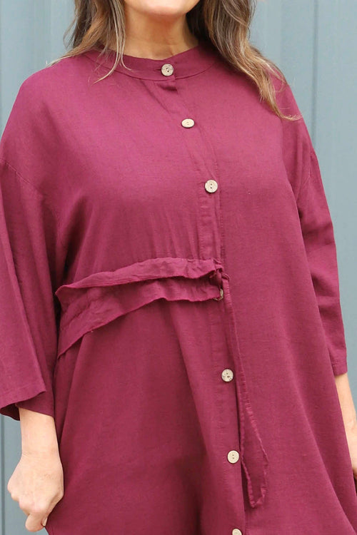 Sienna Button Linen Dress Burgundy - Image 3