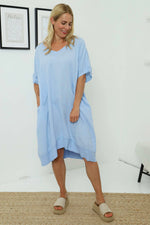 Fiamma V-Neck Linen Dress Powder Blue Powder Blue - Fiamma V-Neck Linen Dress Powder Blue