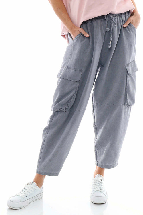 Eva Washed Cargo Linen Trousers Mid Grey - Image 3