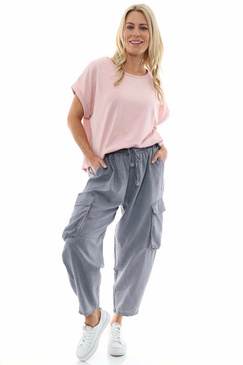 Eva Washed Cargo Linen Trousers Mid Grey - Image 1
