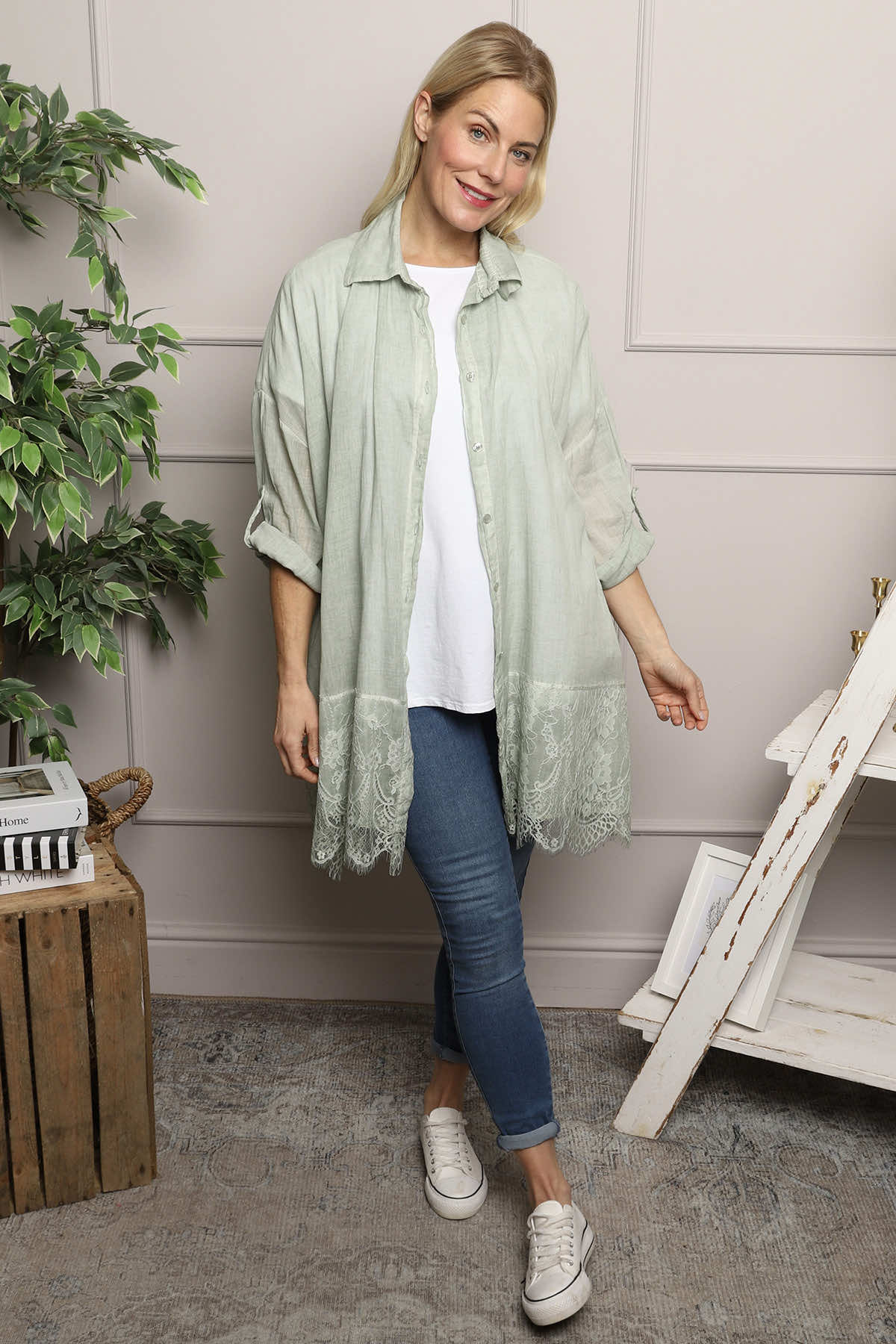 Reban Lace Trim Cotton Shirt Khaki