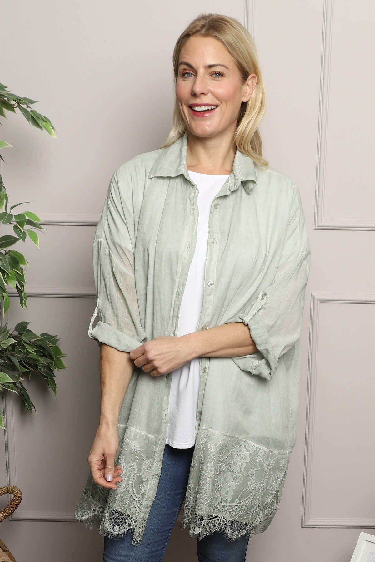 Reban Lace Trim Cotton Shirt Khaki