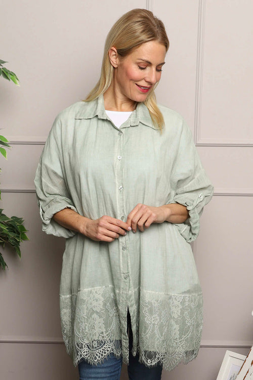 Reban Lace Trim Cotton Shirt Khaki - Image 3