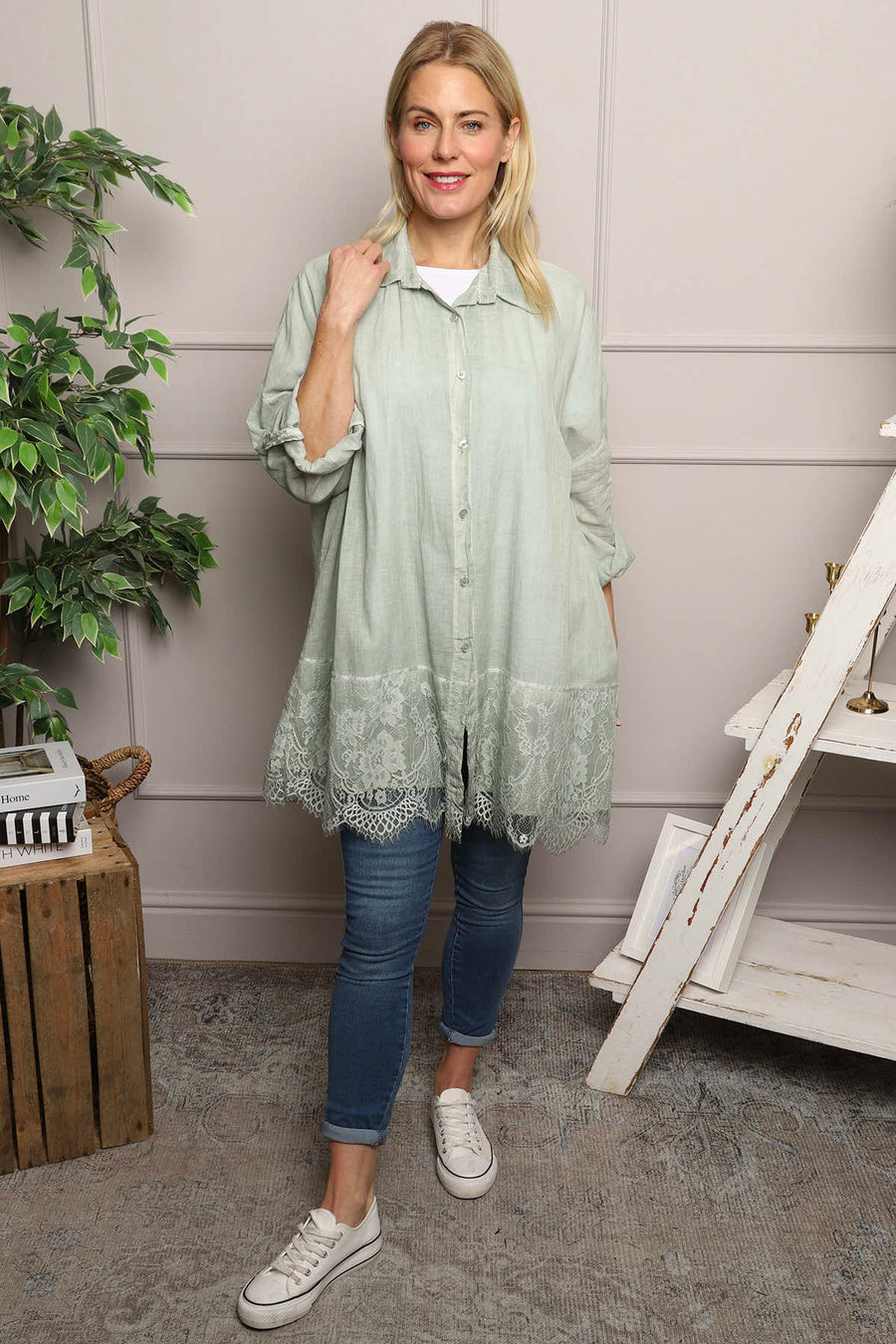 Reban Lace Trim Cotton Shirt Khaki